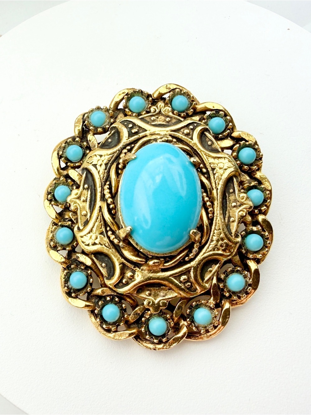Large Vintage Ornate Goldtone Turquoise Milk Glass Cabochon Rhinestone Brooch - Picture 7 of 7